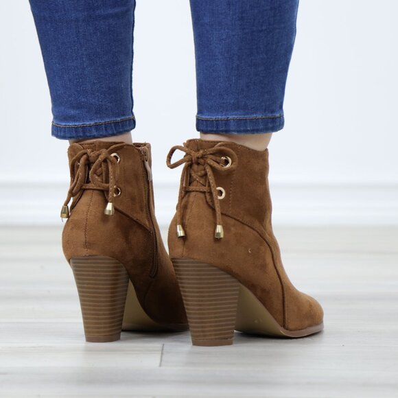 Brown Faux Suede Pointed Toe Low Heel Ankle Boots Back Laces Booties - Picture 7 of 12